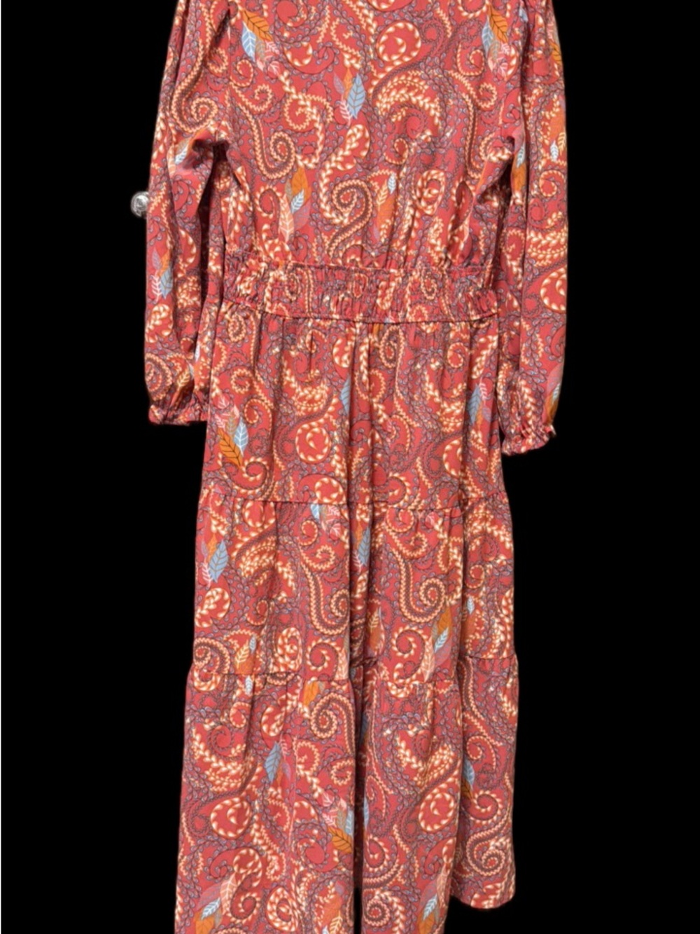 Tinsel Rust Paisley Tiered Maxi Dress with Blue & Orange Accents